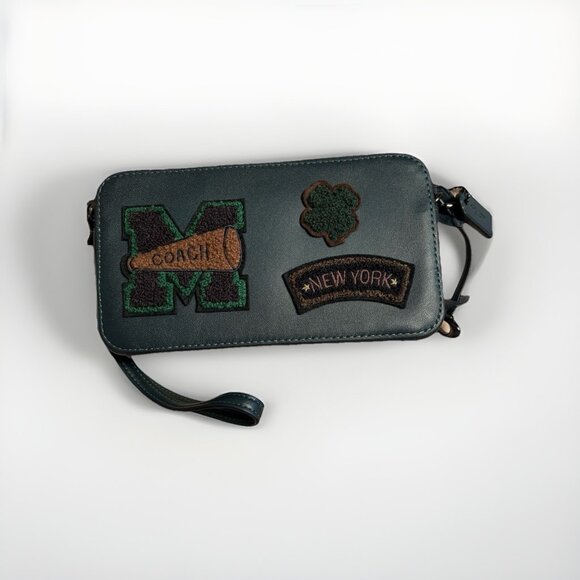 Coach Green Leather Kira Crossbody Bag NYC College Patch Football NWT - Picture 1 of 11